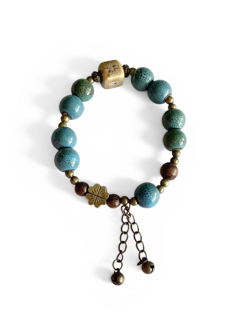 Jingle Bells Bracelet Turquoise Blue Speckled Ceramic Boho Beaded Stretchy